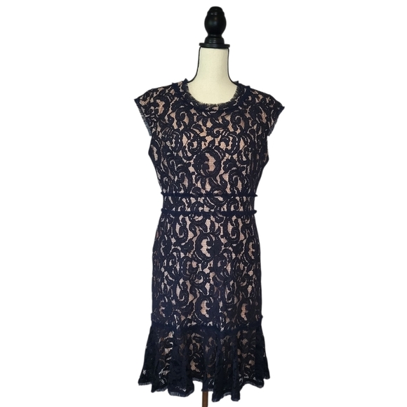 Nanette Lepore Dress Blue Lace Nude Lining Cap Sleeve Flouce Hem Size 12 - Picture 1 of 8